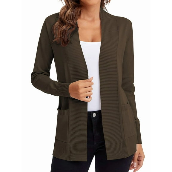 Women'S Open Front Knit Cardigan Sweater Long Sleeve with Pocket Coffee L