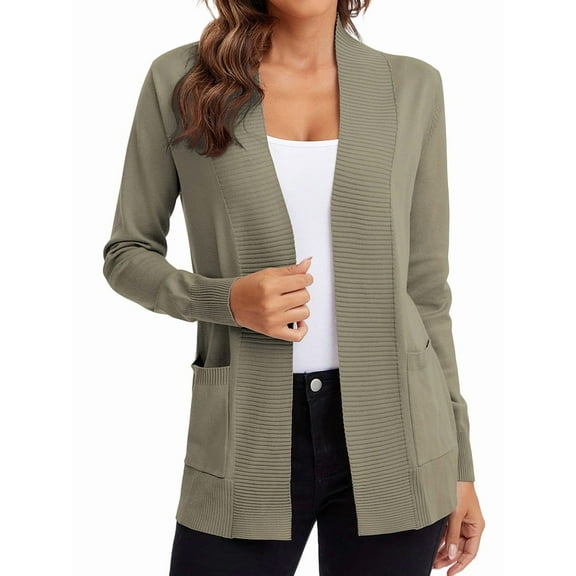 Women'S Open Front Knit Cardigan Sweater Long Sleeve with Pocket Khaki M