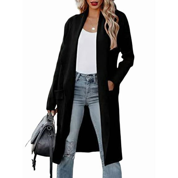 Women'S Open Front Knited Loose Cardigan Casual Long Sleeve Draped Knit Pockets Long Jackets Sweater Black S