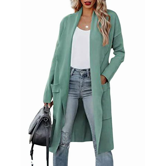 Women'S Open Front Knited Loose Cardigan Casual Long Sleeve Draped Knit Pockets Long Jackets Sweater Green S