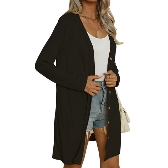 Women'S Open Front Lightweights Cardigan Long Sleeve Button Down Loose Outwear with Pockets Black S