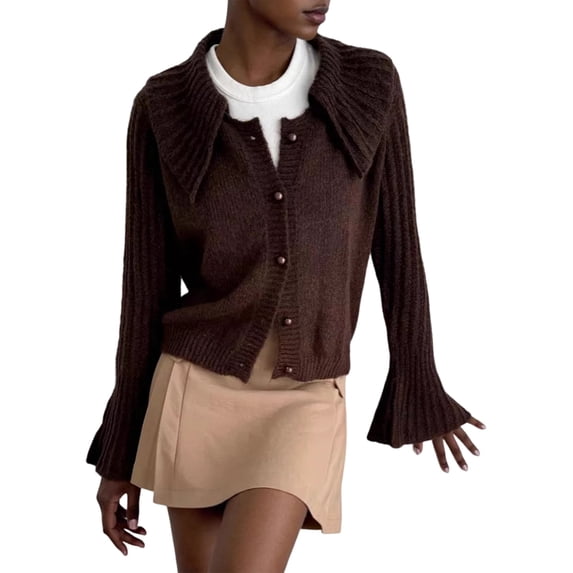 Women'S Open Front Sweater Cardigan Long Sleeve Button Down Knit Crop Cardigan Chunky Loose Outerwear Coats Brown M