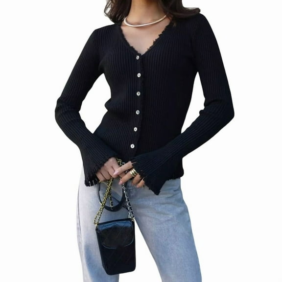 Women'S Open Front Sweater Long Sleeve Button Down Knit Crop Cardigan Chunky Loose Outerwear Coats Black M