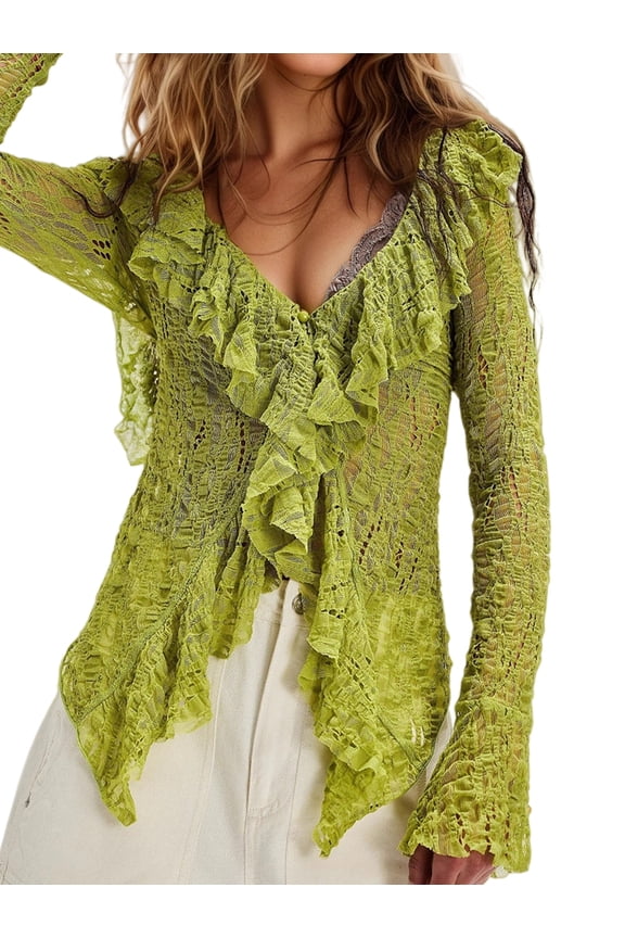 Women'S Open Front Tie Long Sleeve Ruffle Trim Sheer Mesh Lace Crop Tops Blouses White XL