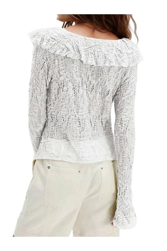 Women'S Open Front Tie Long Sleeve Ruffle Trim Sheer Mesh Lace Crop Tops Blouses Yellow-Green M