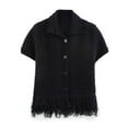 thumbnail image 1 of Women'S Open Knit Short Sleeve Top with Fringe Black M, 1 of 7