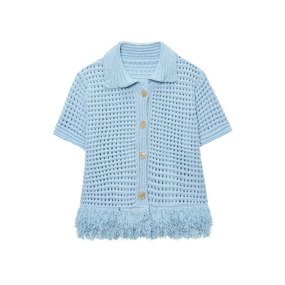 Women'S Open Knit Short Sleeve Top with Fringe Blue L