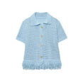 thumbnail image 1 of Women'S Open Knit Short Sleeve Top with Fringe  Blue S, 1 of 5