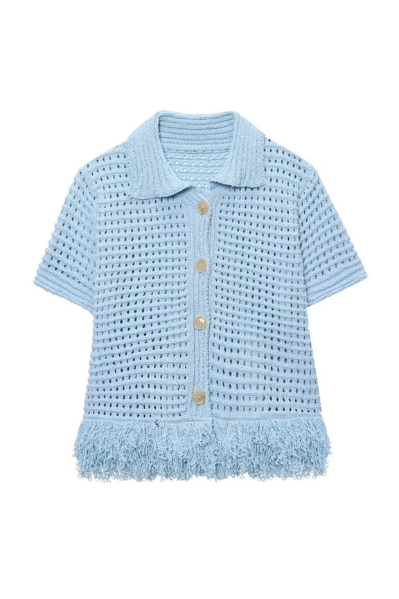 Women'S Open Knit Short Sleeve Top with Fringe Blue S