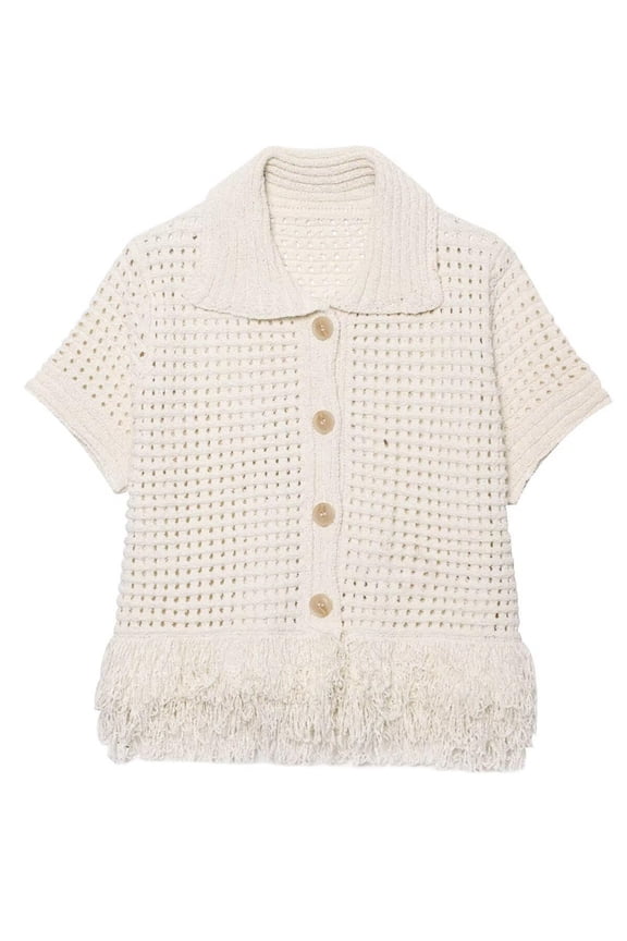 Women'S Open Knit Short Sleeve Top with Fringe Milky L