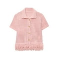 thumbnail image 1 of Women'S Open Knit Short Sleeve Top with Fringe Pink L, 1 of 5