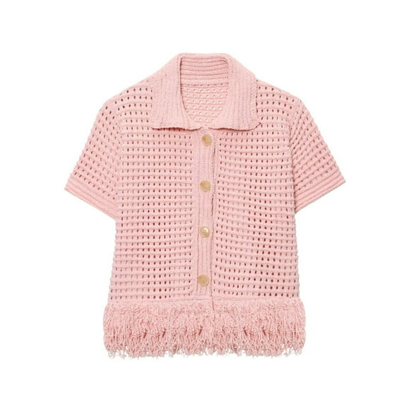 Women'S Open Knit Short Sleeve Top with Fringe Pink S