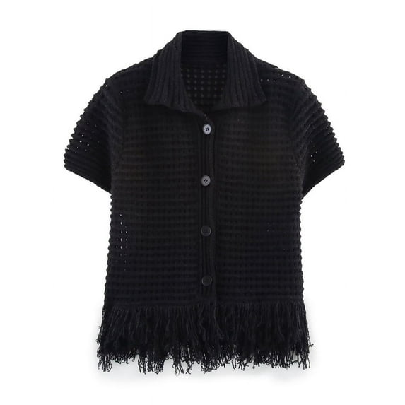 Women'S Open Knit Short Sleeve Top with Fringe