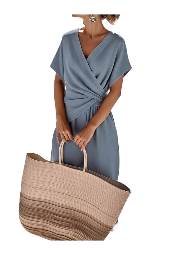 Women'S Outfits V Neck Cap Sleeve Crop Top Wide Leg Pant Sets Blue M