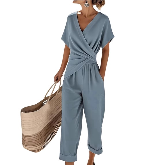 Women'S Outfits V Neck Cap Sleeve Crop Top Wide Leg Pant Sets Blue XXL