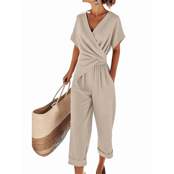 Women'S Outfits V Neck Cap Sleeve Crop Top Wide Leg Pant Sets Cream White L
