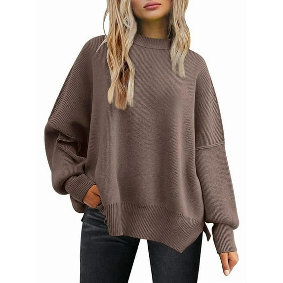 Women'S Oversized Batwing Sweaters 2025 Fall Outfits Trendy Crewneck Knit Side Slit Fashion Pullover Tops Brown S