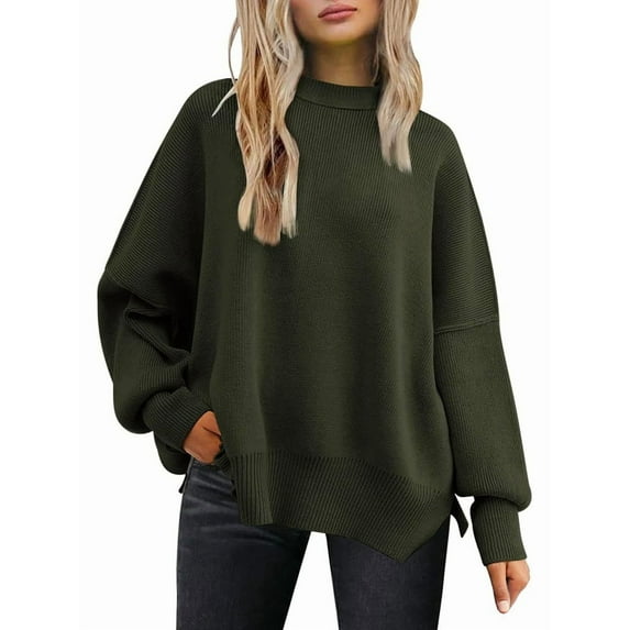 Women'S Oversized Batwing Sweaters 2025 Fall Outfits Trendy Crewneck Knit Side Slit Fashion Pullover Tops Green L
