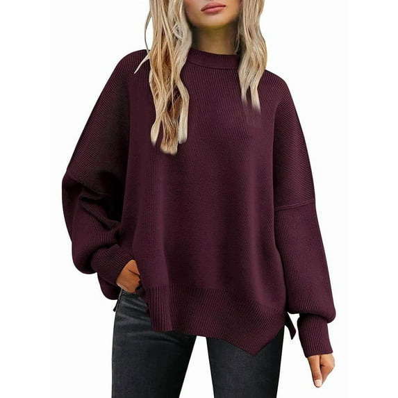 Women'S Oversized Batwing Sweaters 2025 Fall Outfits Trendy Crewneck Knit Side Slit Fashion Pullover Tops Wine Red S