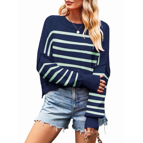 Women'S Oversized Batwing Sweaters Fall Outfits Trendy Crewneck Knit Side Slit Fashion Pullover Tops Blue & Green S