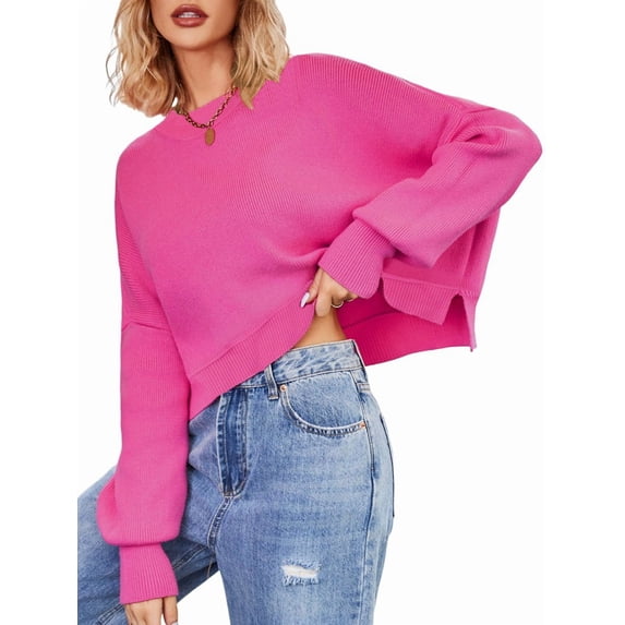 Women'S Oversized Batwing Sweaters Fall Outfits Trendy Crewneck Knit Side Slit Fashion Pullover Tops Rose Red XL