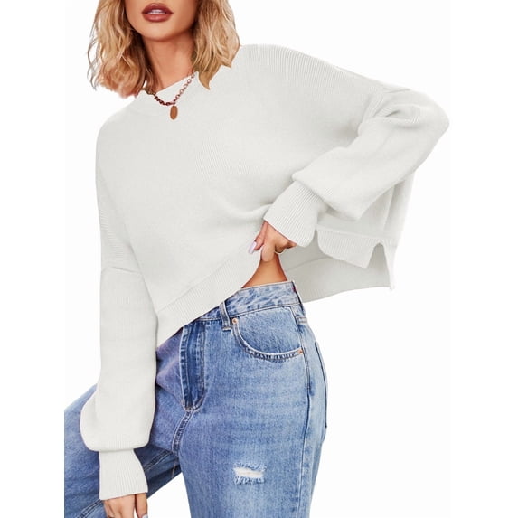 Women'S Oversized Batwing Sweaters Fall Outfits Trendy Crewneck Knit Side Slit Fashion Pullover Tops White M