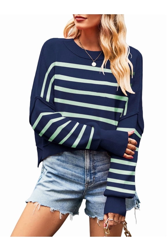 Women'S Oversized Batwing Sweaters Fall Outfits Trendy Crewneck Knit Side Slit Pullover Tops Blue & Green XL