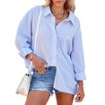 thumbnail image 1 of Women'S Oversized Button Down Shirts Business Casual Long Sleeve Blouse Work Striped Tops Blue XL, 1 of 9