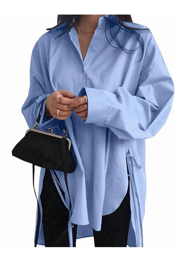 Women'S Oversized Button Down Shirts Split High Low Long Sleeve Blouses Blue M