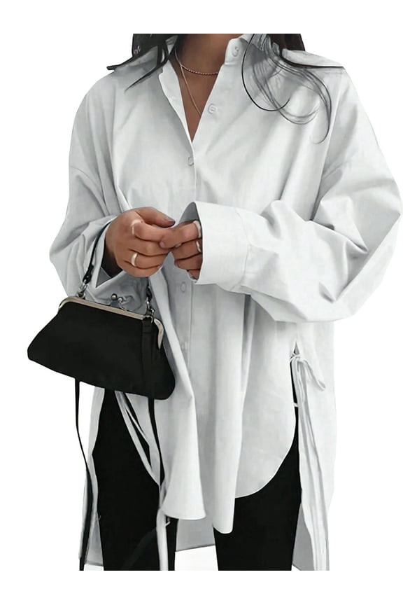 Women'S Oversized Button Down Shirts Split High Low Long Sleeve Blouses White S