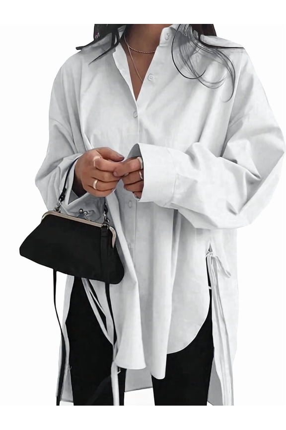 Women'S Oversized Button Down Shirts Split High Low Long Sleeve Blouses White XL
