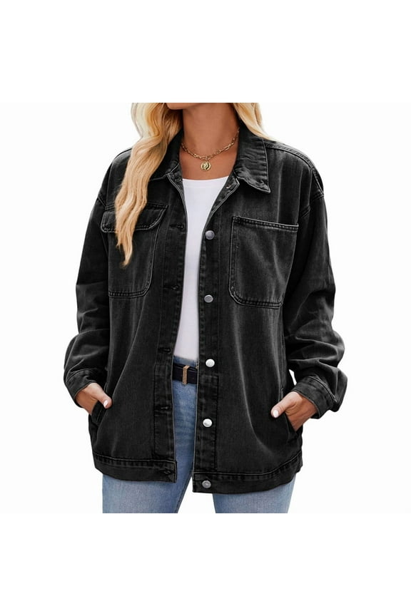Women's Oversized Denim Jacket Casual Long Sleeve Button Jean Jacket Coat Loose Boyfriend Jackets Trendy Shacket Black & Gray M