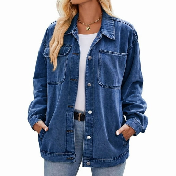 Womens Jean Jackets Long Sleeve Fashion Button Down Denim Jacket with Pockets Dark Blue M