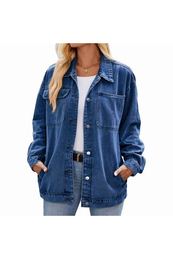 Women'S Oversized Button Up Shacket Long Sleeve Pockets Denim Jean Jacket Dark Blue S