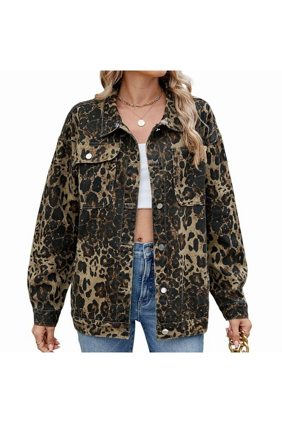 Womens Jean Jackets Long Sleeve Fashion Button Down Denim Jacket with Pockets Leopard Print M