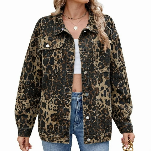 Women's Oversized Jean Jacket Plus Size Button Down Washed Mid Long Denim Jacket Leopard Print S