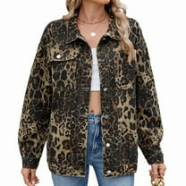 Women'S Oversized Button Up Shacket Long Sleeve Pockets Denim Jean Jacket Leopard Print XL