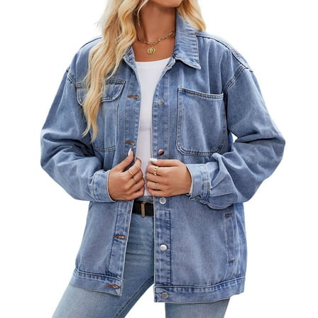 Women'S Oversized Button Up Shacket Long Sleeve Pockets Denim Jean Jacket Light Blue M