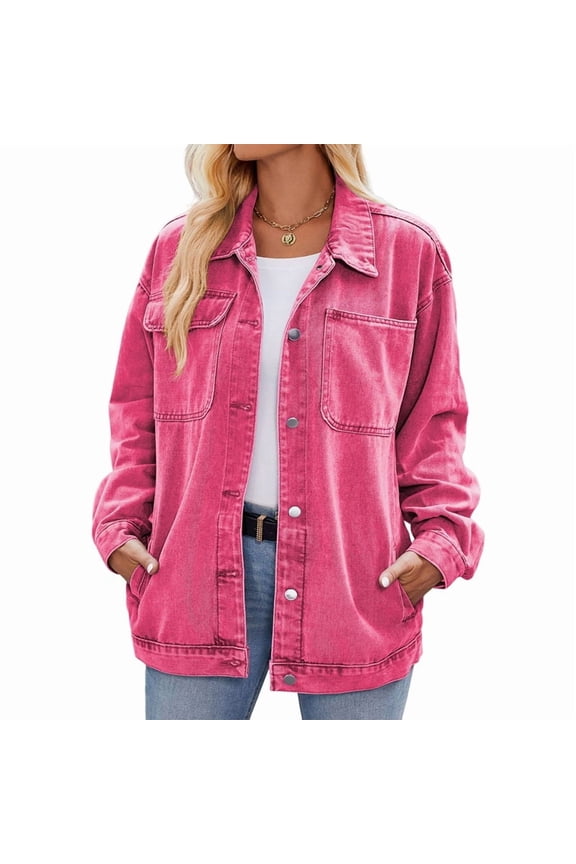 Women'S Oversized Button Up Shacket Long Sleeve Pockets Denim Jean Jacket Pink XL
