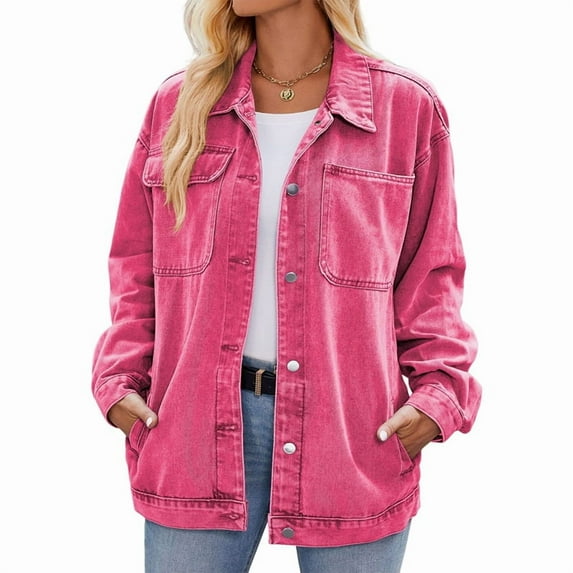 Women'S Oversized Button Up Shacket Long Sleeve Pockets Denim Jean Jacket Pink XL