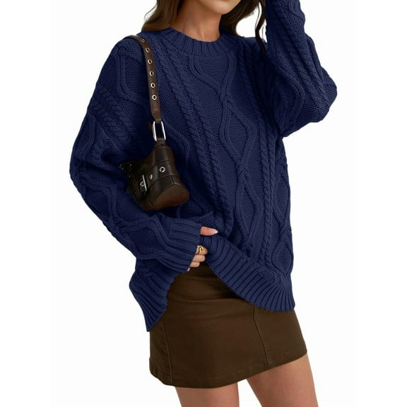 Women'S Oversized Cable Knit Crewneck Sweaters Navy Blue S
