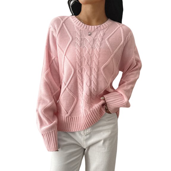 Women'S Oversized Cable Knit Crewneck Sweaters Pink S