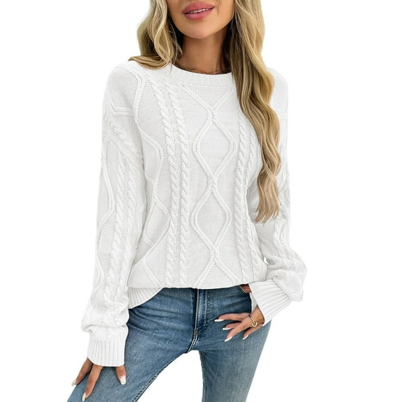 Women'S Oversized Cable Knit Crewneck Sweaters White L