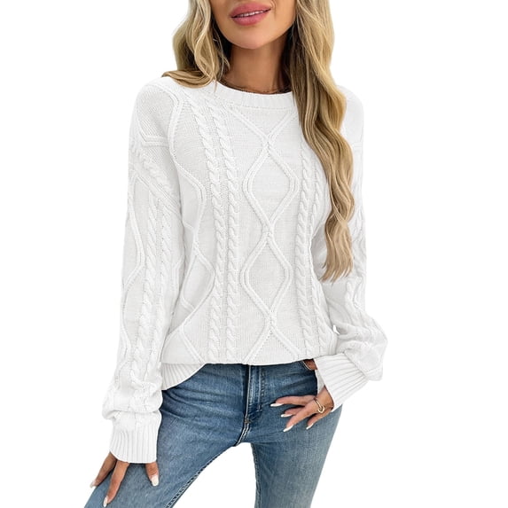 Women'S Oversized Cable Knit Crewneck Sweaters White M