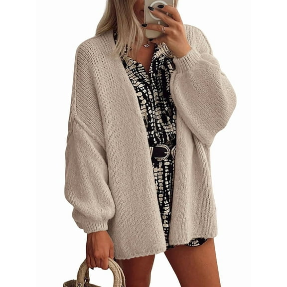 Women'S Oversized Cardigan Sweaters Fall Long Lantern Sleeve Knit Open Front Sweater Khaki L