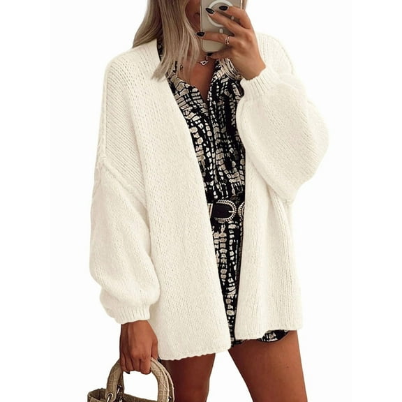 Women'S Oversized Cardigan Sweaters Fall Long Lantern Sleeve Knit Open Front Sweater White L