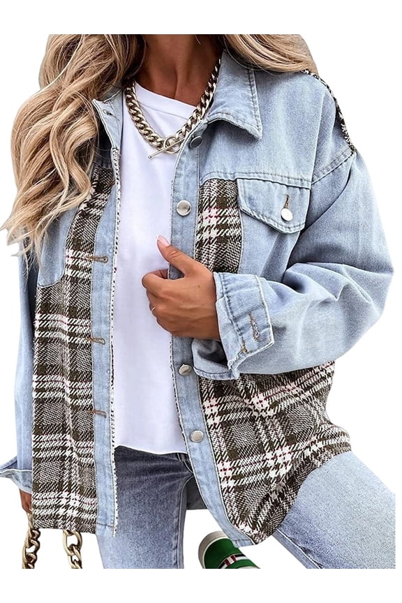 Women'S Oversized Casual Long Sleeve Button Down Plaid Shacket Boyfriend Jean Jacket with Pockets Sky Blue XXL