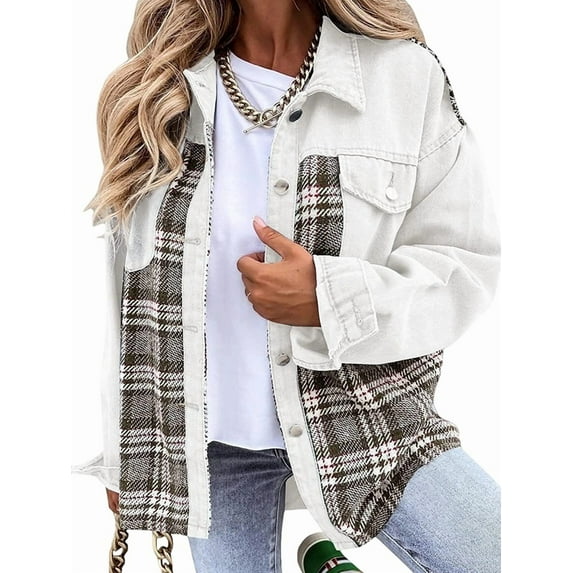 Women'S Oversized Casual Long Sleeve Button Down Plaid Shacket Boyfriend Jean Jacket with Pockets White M