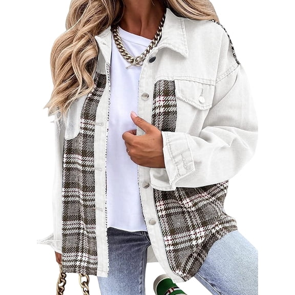 Women'S Oversized Casual Long Sleeve Button Down Plaid Shacket Boyfriend Jean Jacket with Pockets White S