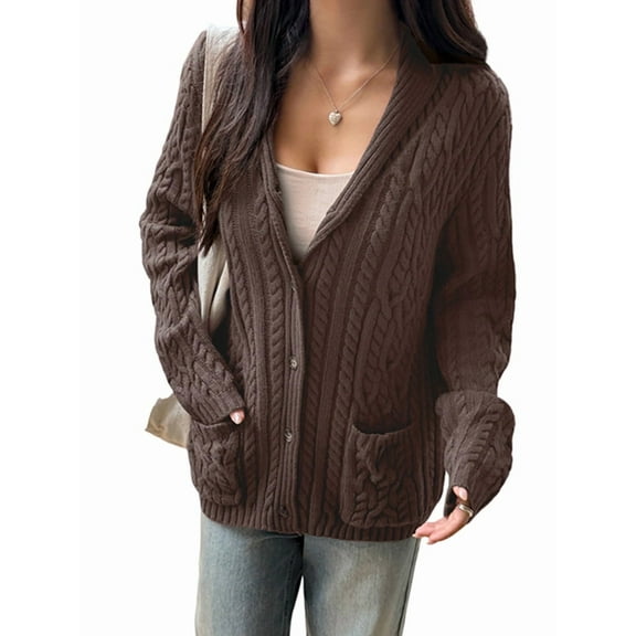 Women'S Oversized Chunky Knit Cardigan Fashion Long Sleeve Front Open Sweater Fall Winter Outerwear Brown M